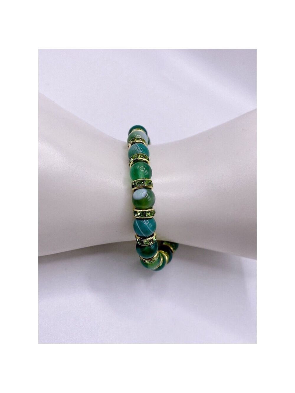 Round Green Bead Bracelet Green & Gold Sparkling Spacers Size: Small Wrist - Picture 2 of 6